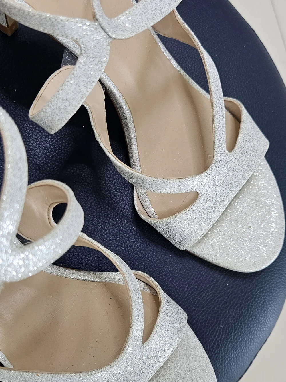 Stuart Weitzman Silver Glitter Strappy Sandals, Size 8